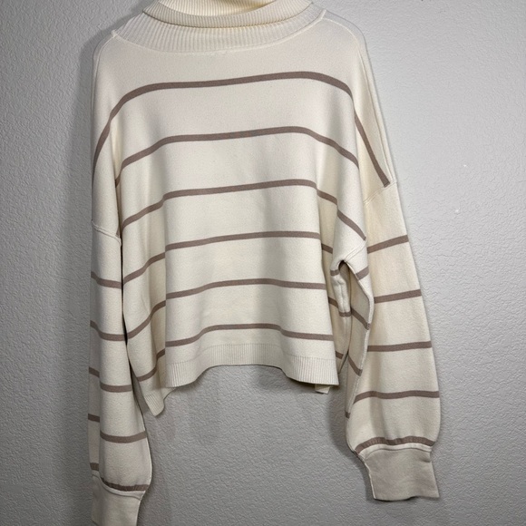 Free People Cream and Tan Striped Turtleneck Sweater Women's Large - Picture 6 of 8
